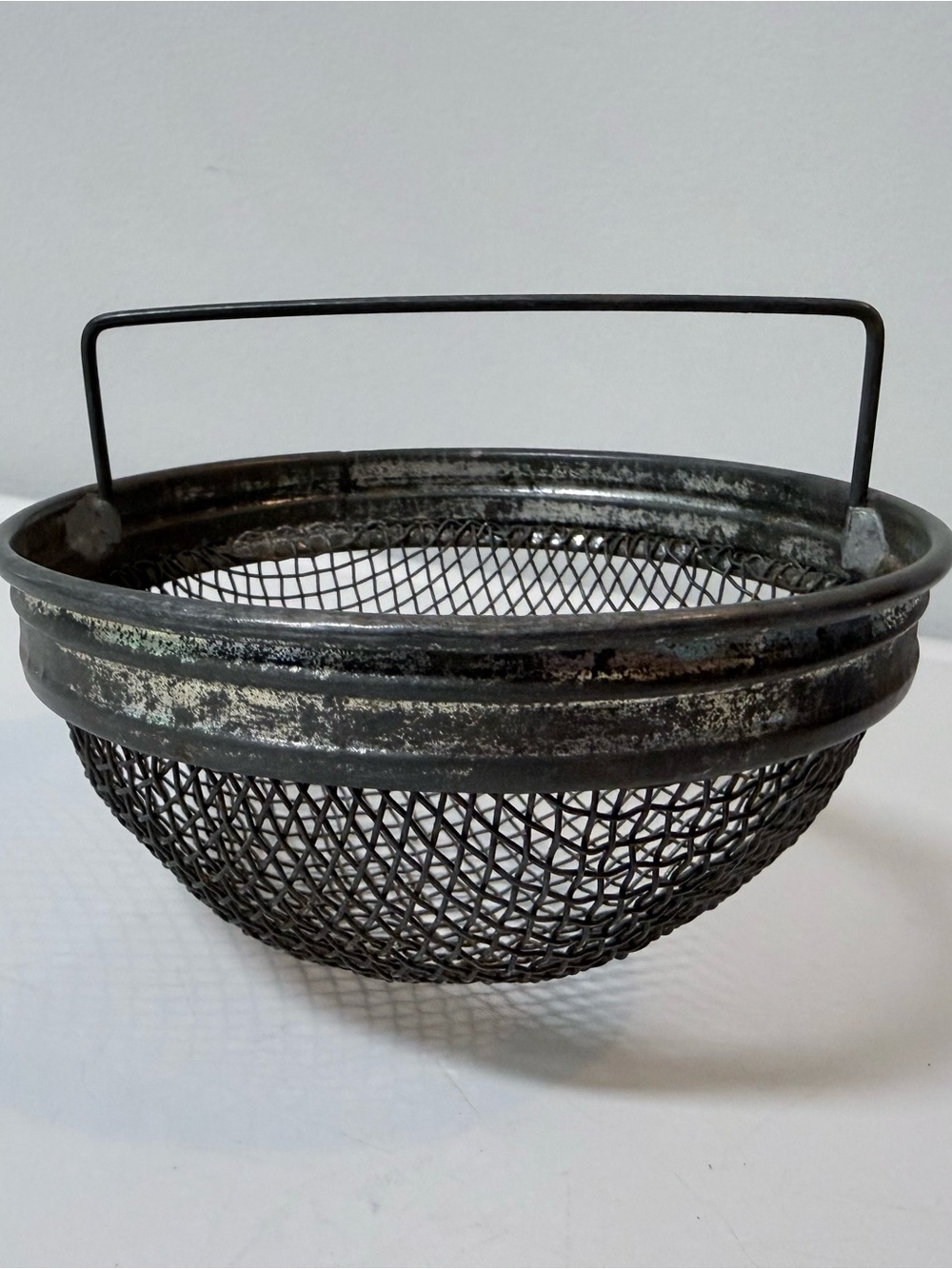 Vintage Wire Mesh Basket with Handle in Aged Black